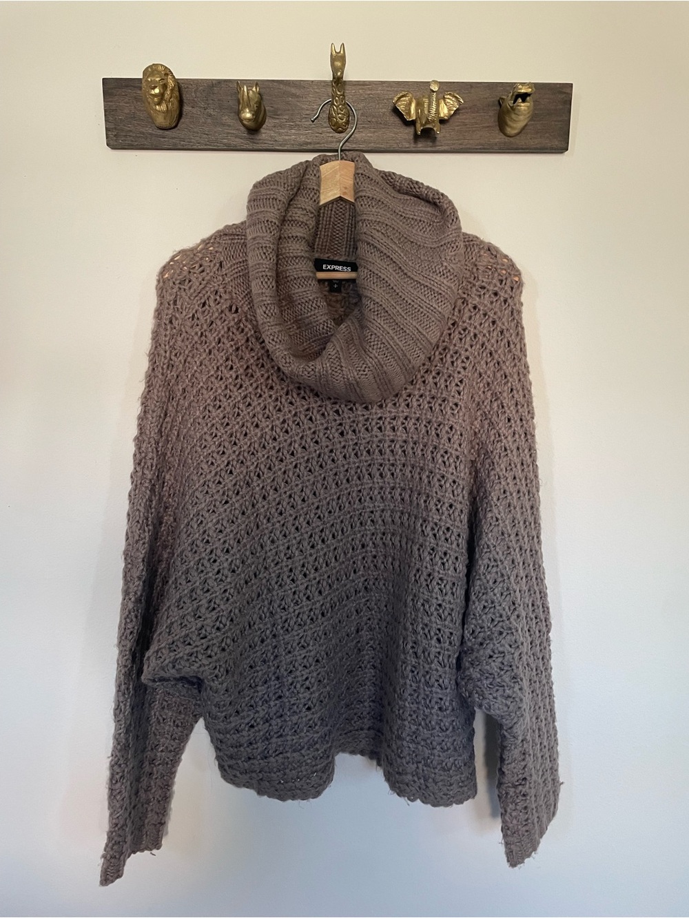 Express Taupe Open-Knit Cowl Neck Sweater